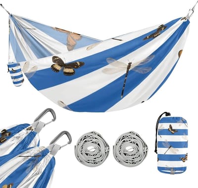 Camping Hangmat - Draagbare Hangmat - Ontspannen Buiten - Met Opbergzak - 290x138cm - Blauw Wit Gestreepte Vlinder Libelle