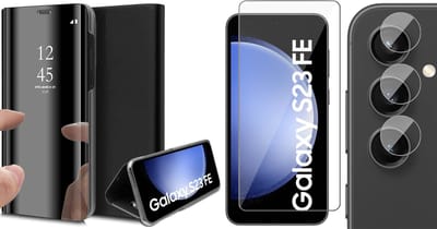 Hoesje geschikt voor Samsung Galaxy S23 FE - Screenprotector Glas & Camera - Spiegel Book Case Zwart