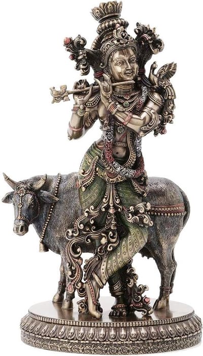 Veronese Design - Beeld/figuur - Krishna met Heilige Koe - Gebronsd beeld - Zeer gedetailleerd - (hxbxd) ca. 27cm x 16cm x 12,5cm