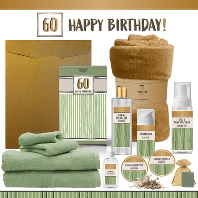 Geschenkset “60 Happy Birthday!” - 12 producten - 1910 gram | Triomf Groene Strepen - Giftset voor haar hem Zestig Cadeau Luxe Wellness Pakket Vrouw Man Speciaal Cadeaupakket Geschenk Verjaardag pakket Gift Set Giftset Goud Groen