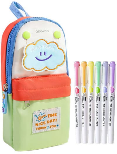 Gloovon® Luxe 3D Etui - Stand-up Pennenzak - Inclusief 6 Dual-tip Markeerstiften - Schoolspullen - Groene Wolk