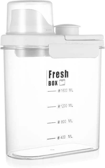 Wasverzachterdispenser - Vloeibare dispenser - Gesloten dispenser met maatbeker - Opbergdoos voor wasmiddel - Wasverzachterorganizer met grote capaciteit - Geschikt voor waspoeder en wasmiddel - 1,6 liter - Wit