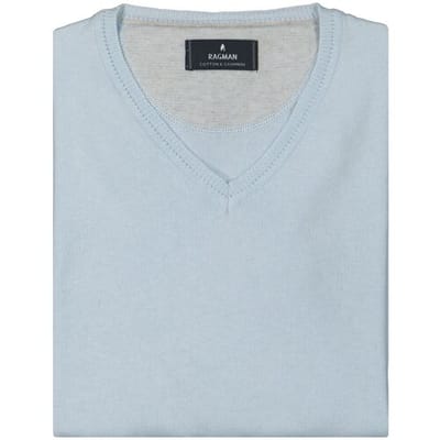 Ragman Trui V-Neck Supersoft Cotton Cashmere Knitted Elbow Patches Ice Blue / male