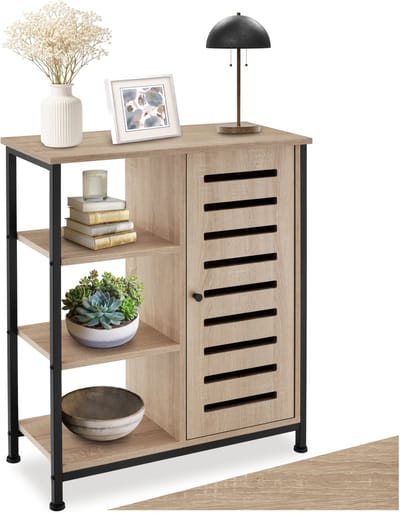 tectake® Dressoir wandkast met 3 vakken en kastvak - Industrieel design - Houten ladekast voor woonkamer, hal, keuken, badkamer - Afmeting (LxBxH) 71 x 32 x 82 cm - Zwart metalen frame - Deur rechts - Lichtbruin
