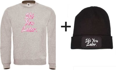 Ski you later set wintersport sweater grijs XXL + muts - soBAD. | Foute apres ski outfit | kleding | verkleedkleren | wintersport beanie | wintersporttruien | wintersport dames en heren