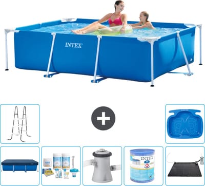 Intex Rechthoekig Frame Zwembad - 220 x 150 x 60 cm - Blauw - Inclusief Afdekzeil - Onderhoudspakket - Zwembadfilterpomp - Filter - Solar Mat - Ladder - Voetenbad - 8-delig