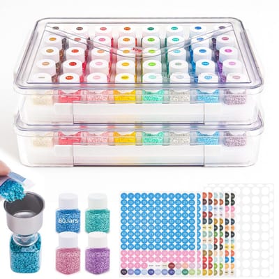 Dailygoods- Opbergdoos 80 Vakjes - Kralenorganizer - Doorzichtige Plastic Opbergdoos - RVS Trechter - Inclusief Stickers - 40 Stuks - Kralenopbergdoos