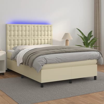 vidaXL - Boxspring - met - matras - en - LED - kunstleer - crèmekleurig - 140x190 - cm