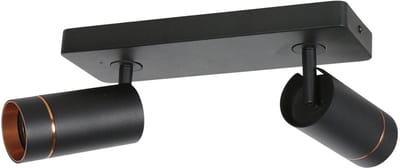 Zwarte spot Downlume 4861ZW, 2-lichts GU10, met gouden details, metaal, afmetingen 30x10cm, hoogte 20cm, Draaibaar en kantelbaar, Steinhauer