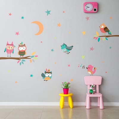 Muurstickers - Uilen en zangvogels van het bos - Zelfklevende stickers - 120x90cm