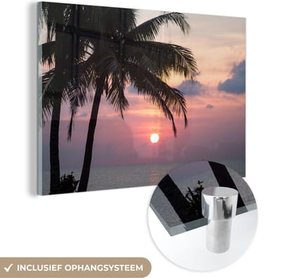 MuchoWow® Glasschilderij 150x100 cm - Schilderij acrylglas - Palmbomen - Pastel - Avond - Zomer - Tropisch - Foto op glas - Schilderijen