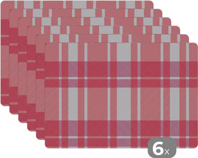 Placemat - Placemats kunststof - Plaid - Roze - Patronen - 45x30 cm - 6 stuks - Hittebestendig - Anti-Slip - Onderlegger - Afneembaar