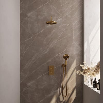Brauer Gold Edition Thermostatische Regendoucheset Inbouw - Hoofddouche 20 cm - Gebogen Wandarm - 3 Weg - Handdouche 3 Standen - Doucheslang - Wandaansluitbocht - Geborsteld Goud