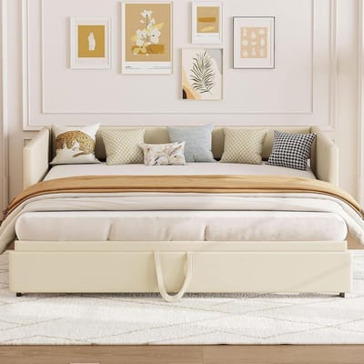 Bankbed met uitschuifbaar frame - Zitbank bed - Ruimtebesparend wonen - Verstelbaar slaapoppervlak - 90/180x200cm - Beige