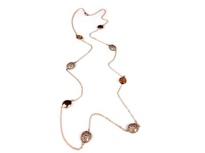 Zilveren halsketting collier halssnoer roos goud verguld Model Bubbels gezet met bruine stenen