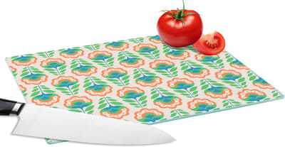 Glazen Snijplank - 28x20 - Retro - Bloemen - Design - Groen - Oranje - Snijplanken Glas