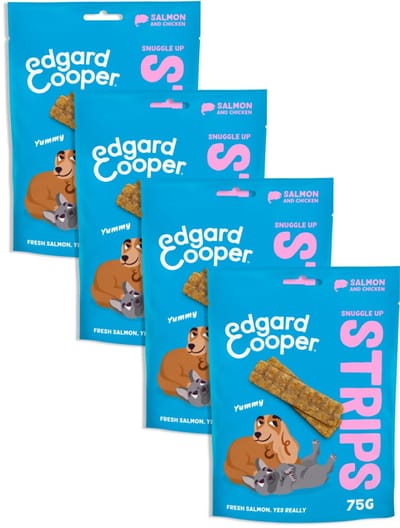 Edgard & Cooper Natural Dog Treats - Zalm Snuggle Up Strips - (4 x 75g), Graanvrij, Vers vlees met hoog eiwitgehalte, vol essentiële aminozuren