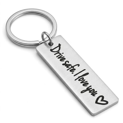 Zilverkleurige tekst sleutelhanger metaal sleutelhanger dames en heren met rechthoekige hanger en tekst Drive safe I love you, gegraveerde keychain voor autosleutel, sleutels en tas