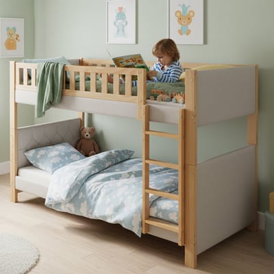 Stapelbed - 90x200 cm - Anti-bots Rand - met Rechte Trap - Rubberhout & MDF - Grijs & Naturel