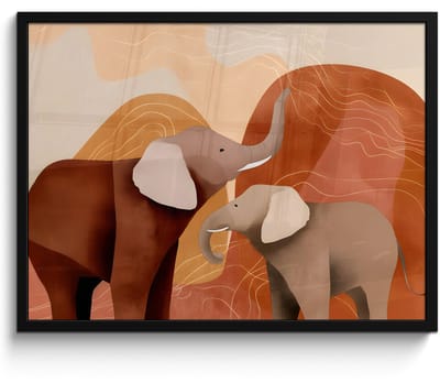 Poster in lijst - Fotolijst 70x50 cm - Posters - Olifanten - Oranje - Abstract - Posterlijst zwart - Decoratie - Wanddecoratie woonkamer - Muurdecoratie slaapkamer
