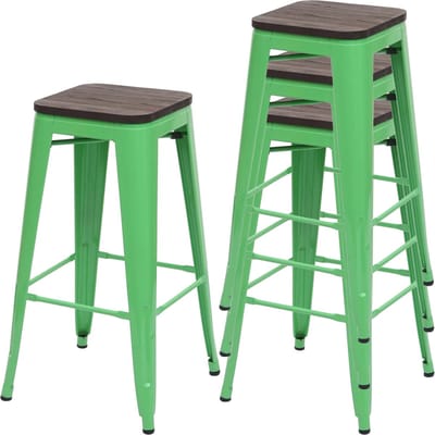 Set van 4 barkrukken MCW-A73 incl. houten zitting, barkruk tegenkruk, metaal industrieel ontwerp stapelbaar ~ groen