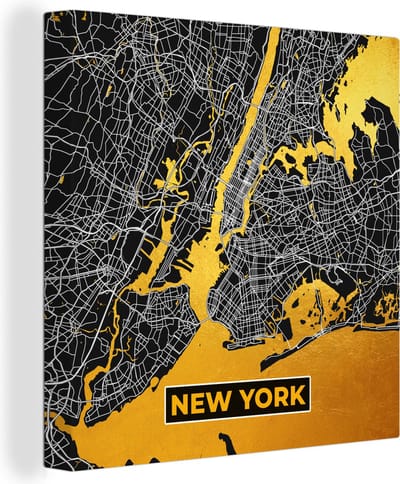 Canvas Schilderij Goud - Stadskaart - Plattegrond - New York - Kaart - 20x20 cm - Wanddecoratie