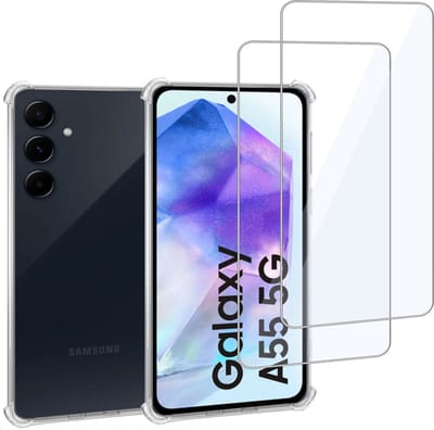 Geschikt voor Samsung Galaxy A55 - Hoesje + 2x Screenprotector – Gehard Glas Cover + Shock Proof Case – Transparant