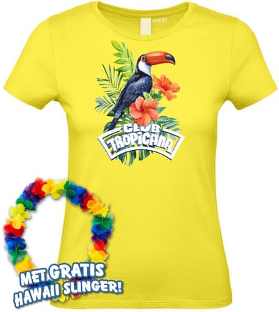 Dames t-shirt Toekan Tropical | Toppers in Concert 2024 | Club Tropicana | Hawaii Shirt | Ibiza Kleding | Lichtgeel Dames | maat XS