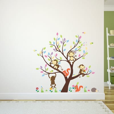 Muurstickers, decoratieve plaklaag, gigantische boom met apen en eekhoorns