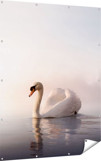 Gards Tuinposter Zwaan in het Water tijdens de Mist - 120x160 cm - Tuindoek - Tuindecoratie - Wanddecoratie buiten - Tuinschilderij