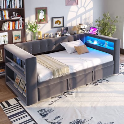 90/180x190 cm slaapbank - met uitschuifbaar bed - met LED-verlichting - stopcontact en opbergruimte - donkergrijs - zonder matras