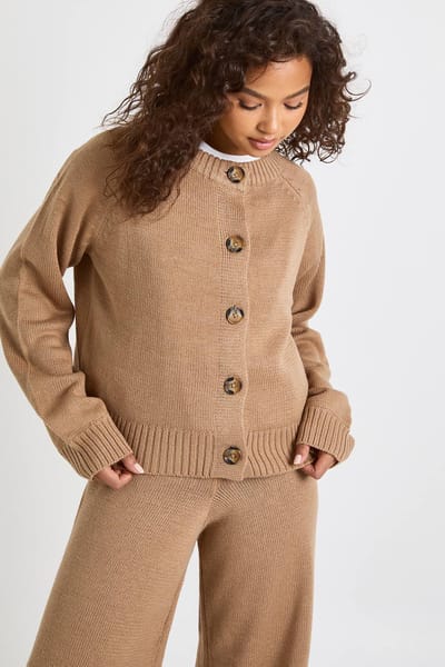boohoo Dames Ronde hals gebreide chunky cardigan en wijde pijpenbroek co-ord | Taupe | Maat: Small
