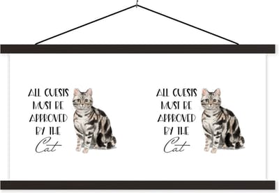 Posterhanger incl. Poster 60x30 cm - Schoolplaat - Quotes - Katten - Spreuken - All guests must be approved by the cat - Textielposter - Zwarte latten