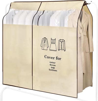 Kledinghoes Ademende stofdichte kledingbeschermhoes met transparant venster Stofdichte kledingzak voor hanger Garderobe Jurk Jas Overhemd Pak Jas (120×120cm, Beige)