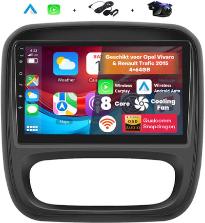 Boscer 2 DIN Autoradio - Geschikt voor Renault Trafic & Opel Vivaro (2015) – 8-Core, 4+64GB – Android 15 – Draadloze CarPlay & Android Auto – 9 Inch HD IPS Touchscreen – Interne Koeling – GPS, Bluetooth, USB & WiFi – Achteruitrijcamera & Microfoon