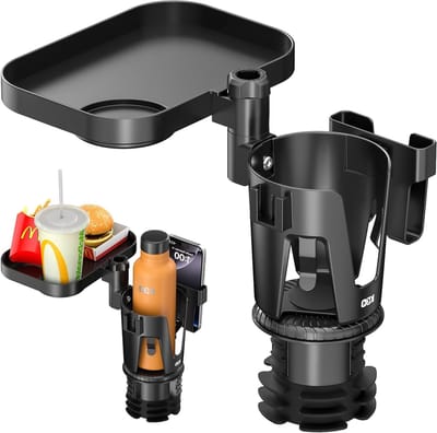 3-in-1 Auto Cup Holder Adapter met Verstelbare Basis en Afneembare Telefoonhouder, 360° Rotatie Snack Tray voor Auto's, Perfect voor Road Trips en Reisgemak