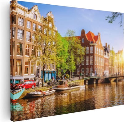 Artaza Canvas Schilderij Amsterdam - 40x30 cm - Klein - Wanddecoratie Grachtenpanden - Muurdecoratie Woonkamer - Kamer Accessoires Boot