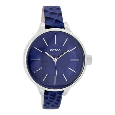 OOZOO Timepieces - Zilverkleurige horloge met donker blauwe leren band - C7548
