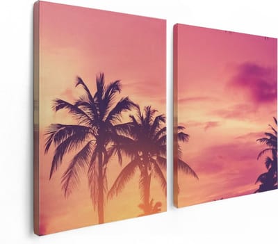 Artaza Canvas Schilderij Tweeluik Tropische Palmbomen Met Zonsondergang - 120x80 cm - Wanddecoratie Woonkamer - Schilderijen - Muurdecoratie