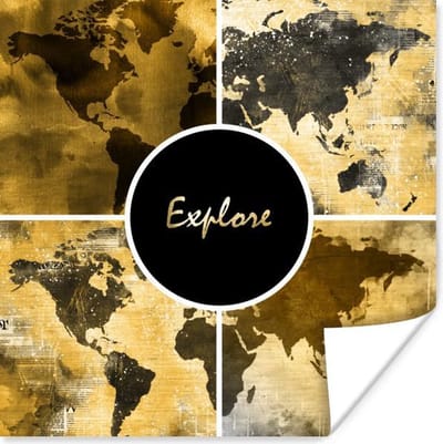 Poster 30x30 cm - Wereldkaarten - Collage - Goud - Posters - Kamer decoratie - Wanddecoratie woonkamer - Muurdecoratie slaapkamer