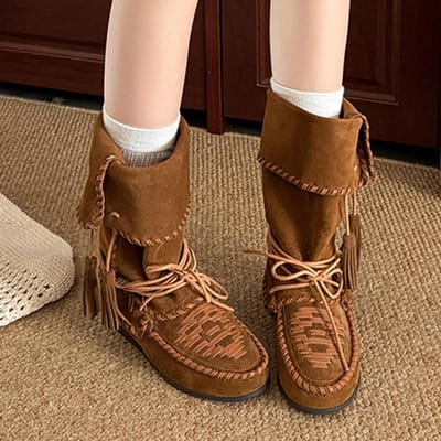 Bohemen Kwastjes Stiksels Decoratie Rijlaarzen Dames Herfst Zachte Wedge Hak Western Cowboylaarzen Sexy Suède Zwerfschoenen 39