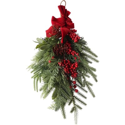 Couronne de Noël artificielle inversée avec nœud papillon et baies rouges, décoration d'arbre de Noël en forme de larme à suspendre pour 13.8in gray