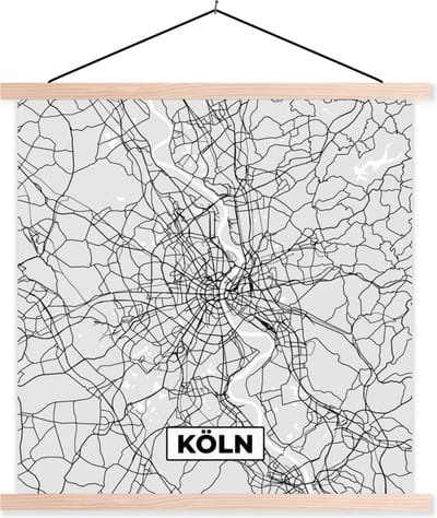 Posterhanger incl. Poster 40x40 cm - Schoolplaat - Plattegrond - Köln - Duitsland - Kaart - Stadskaart - Textielposter - Blanke latten - Stadskaart