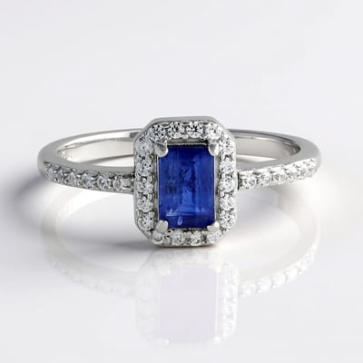 Cavill - Nepal Kyaniet Ring 0 587 ct - 925 Sterling Zilver Platina - Octagonaal Blauwe Edelsteen - 30 Cambodjaanse Zirkonen 0 399 ct