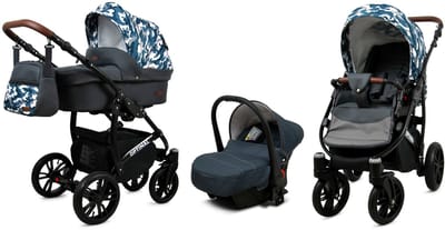BabyLux® Kinderwagen 3in1 – OPTIMAL - GREY MORO BLACK FRAME - Opklapbare Wandelwagen incl. Reiswieg, Multifunctionele Buggy Sportstoel, Autostoel - Combi-kinderwagen met Luiertas, Regenhoes, Klamboe, Bekerhouder, etc.