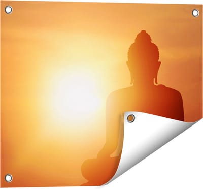 Gards Tuinposter Silhouet van een Boeddha Beeld met Zonsondergang - 50x40 cm - Tuindoek - Tuindecoratie - Wanddecoratie buiten - Tuinschilderij