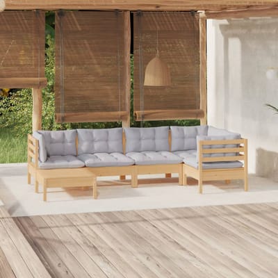 vidaXL - 6-delige - Loungeset - met - grijze - kussens - massief - grenenhout