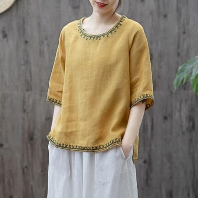 Nieuw Etnische Stijl Katoen en Linnen Geborduurd T-shirt voor Dames in de Zomer Retro Literair Los Groot Maat Slank en Veelzijdig Korte Mouwen Top XL