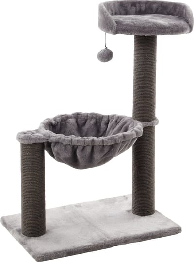 Krabpaal – Flamingo Wilma Grijs – 58x33x69 cm – kattenkrabpaal met hangmat, ligplateau & speeltje – kattenboom met jute krabtouw & zachte pluche – compact kattenmeubel voor alle kattenrassen