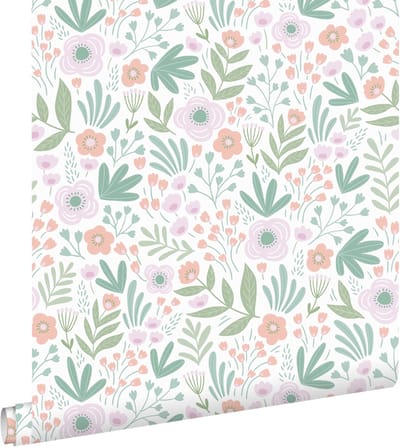 ESTAhome behang bloemetjes groen, oranje en lila paars - 50 x 900 cm - 131064